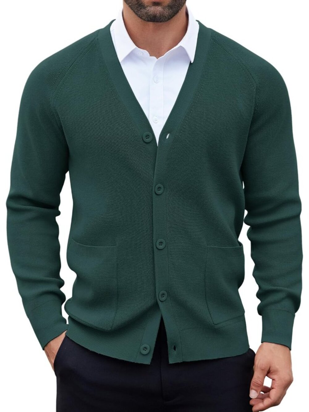 🆕Men's Dark Green Cardigan Sweaters with Button Lightweight V Neck Casual